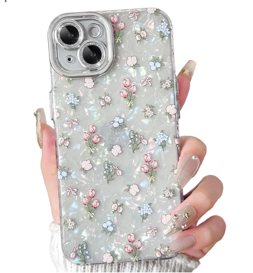 NITITOP Compatible with iPhone 14 Plus / 15 Plus Case Cute Flower Floral Shell Textures for Girls Women Soft TPU Slim Hard Back with Lens Protective Phone Cover - Tulip Pack of 2