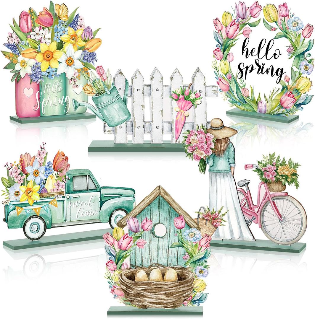 Wenqik 6 Pcs Spring Wooden Table Decorations Wood Tabletop Sign Centerpiece Rustic Spring Decorations for Office Desk Farmhouse Home Kitchen Tiered Tray Decor Shelves Table Decorative