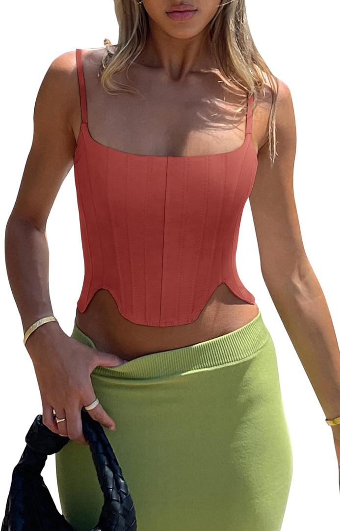 REORIA Women's Sexy Square Neck Trendy Sleeveless Adjustable Spaghetti Strap Corset Tank Crop Tops, S REORIA Women's Sexy Square Neck Trendy Sleeveless Adjustable Spaghetti Strap Corset Tank Crop Tops, S