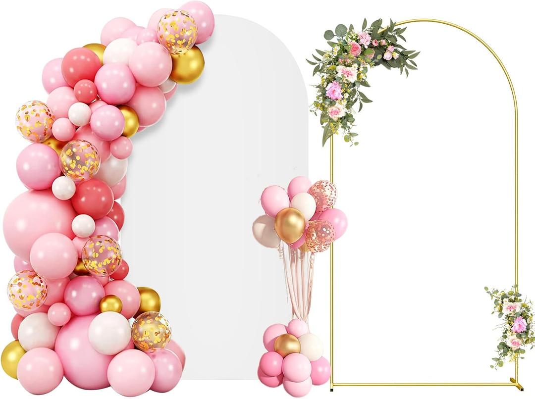 7.2FT Metal Arch Backdrop Stand and Cover Set, Gold Wedding Backdrop Arch Stand with Cover, Balloon Arch Stand with White Arch Cover for Birthday Party Baby Shower Graduation Ceremony Decorations