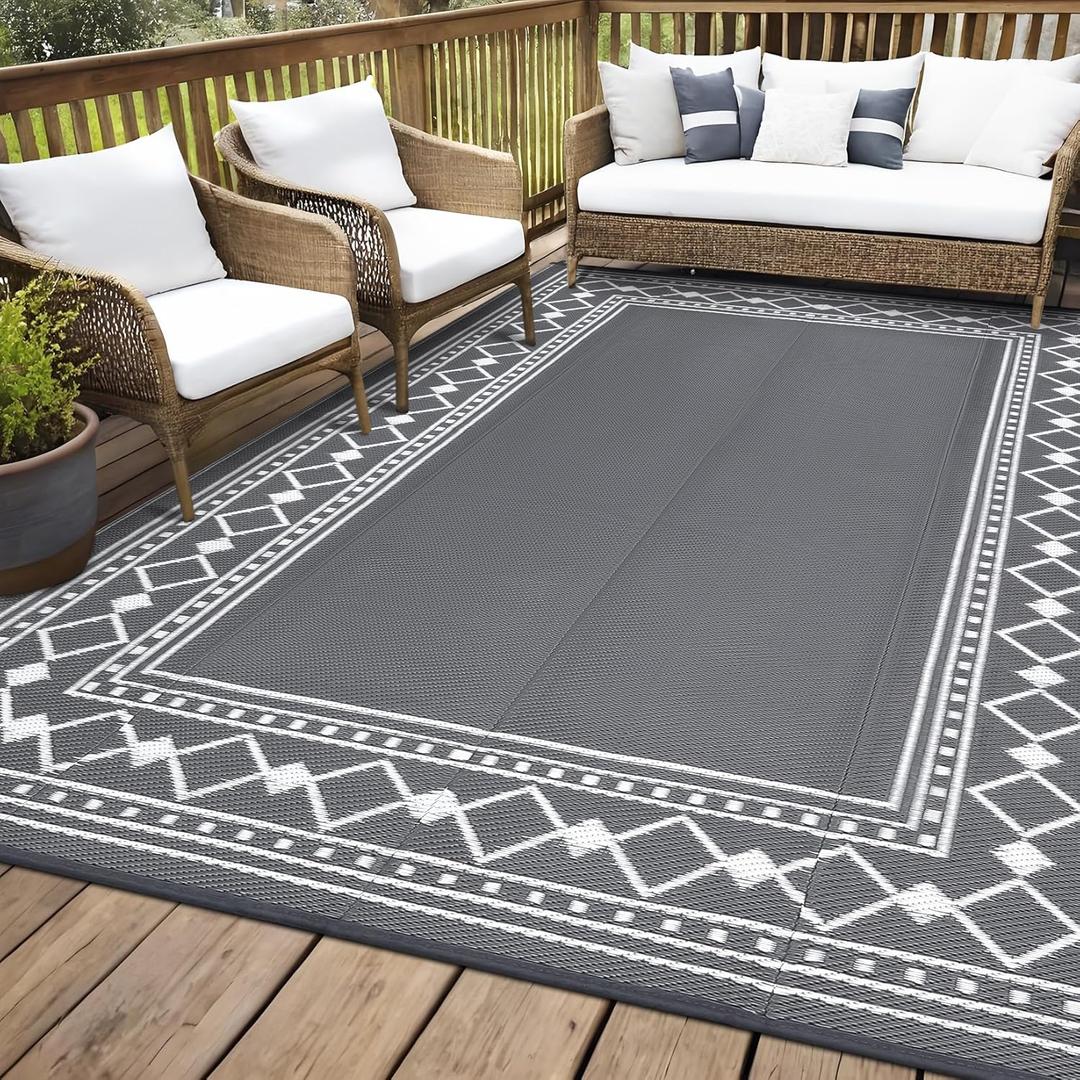 GAOMON Large Outdoor Rug 10x14 Waterproof Patio Modern Border Reversible Camping Mat Plastic Straw Outdoor Rug for Patio, RV, Deck, Balcony, Backyard, Picnic, Beach, Clover,Grey