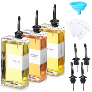 Reallnaive 3 Sets Olive Oil Dispenser Bottles for Kitchen with Nozzles Funnel Labels Cooking Oil Dispenser 500ml Set for Kitchen Vinegar Coffee Syrup (Black)