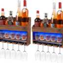 2 Pack Wooden Wine Rack Wall Mounted with LED Light, Wall Wine Rack, Bar Liquor Shelf, Wine Glass Holder Wall Mounted, Floating Bar Shelves for Kitchen, Dining Room, Home Bar