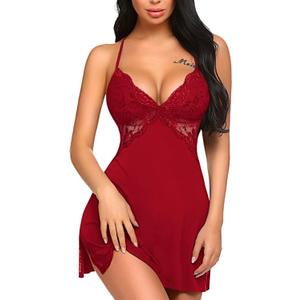 Avidlove Women Lingerie Lace Chemise Sleepwear Babydoll Teddy Lingerie (Large, A-dark Red)