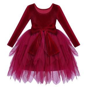 IDOPIP Toddler Baby Girls Velvet Tutu Dress Bowknot Tulle Ruffle Long Sleeve Princess Christmas Birthday Party Dresses Fall Winter Clothes Kids Vintage Holiday Pageant Dress Outfit Red 5-6 Years