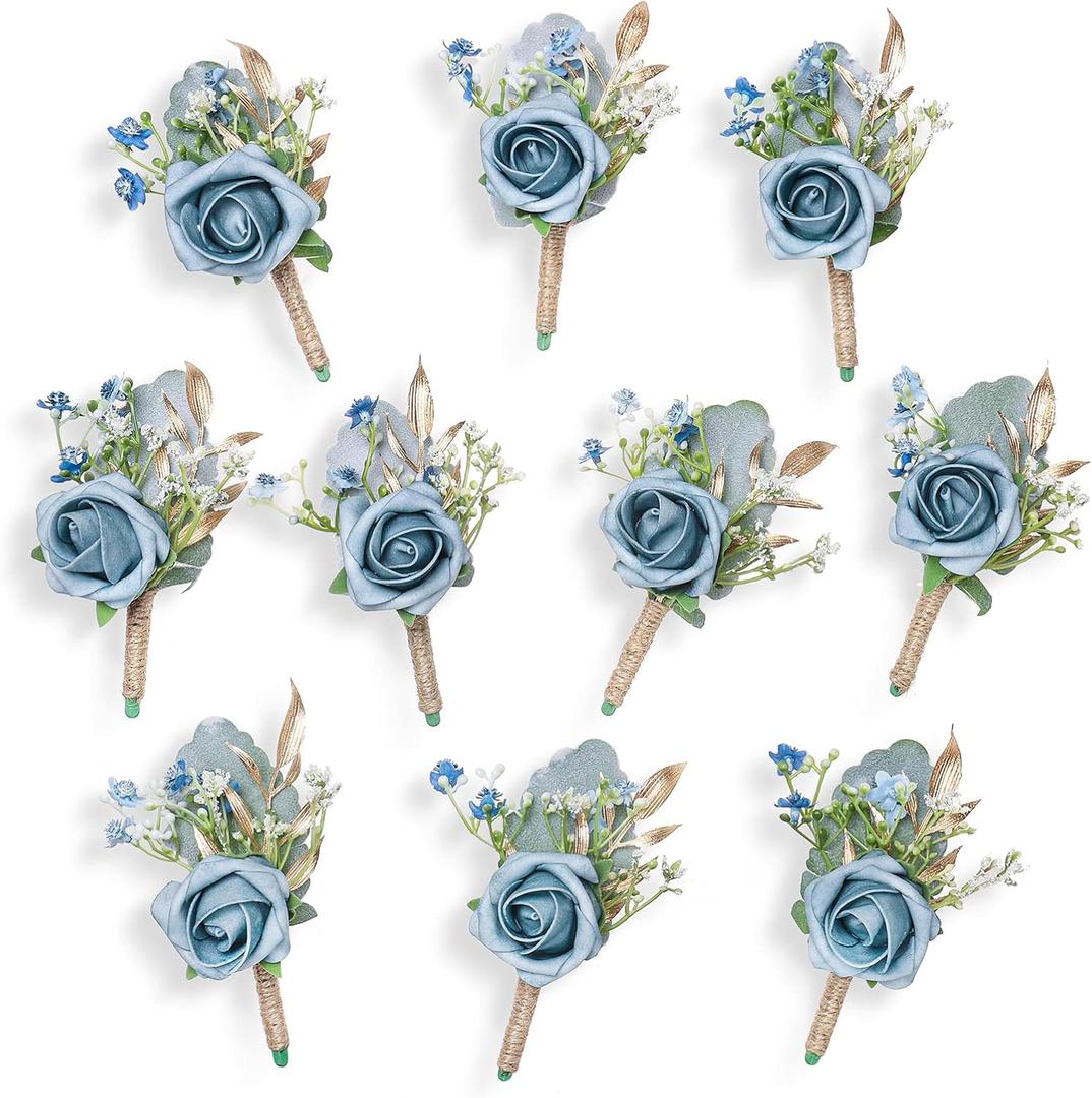 Rose Boutonnieres for Men Wedding Groom and Groomsmen Boutonniere for Rustic Fall Vintage Wedding Prom, Dusty Blue,Set of 10