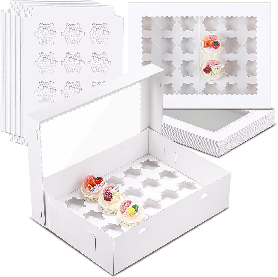 10 Pack 24 Count Cupcake Boxes, Mini Cupcake Containers, 14.9 x 11 x 4 Inch White Disposable Bakery Boxes with Window and Inserts for Birthday Holiday Party Bakery Desserts