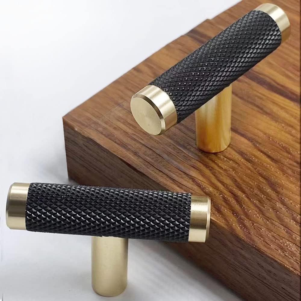 10 Pack 2 Inch Cabinet T Knob Aluminum Knob for Drawer Pulls Gold and Black Oxidation Finish with Diamond Pattern