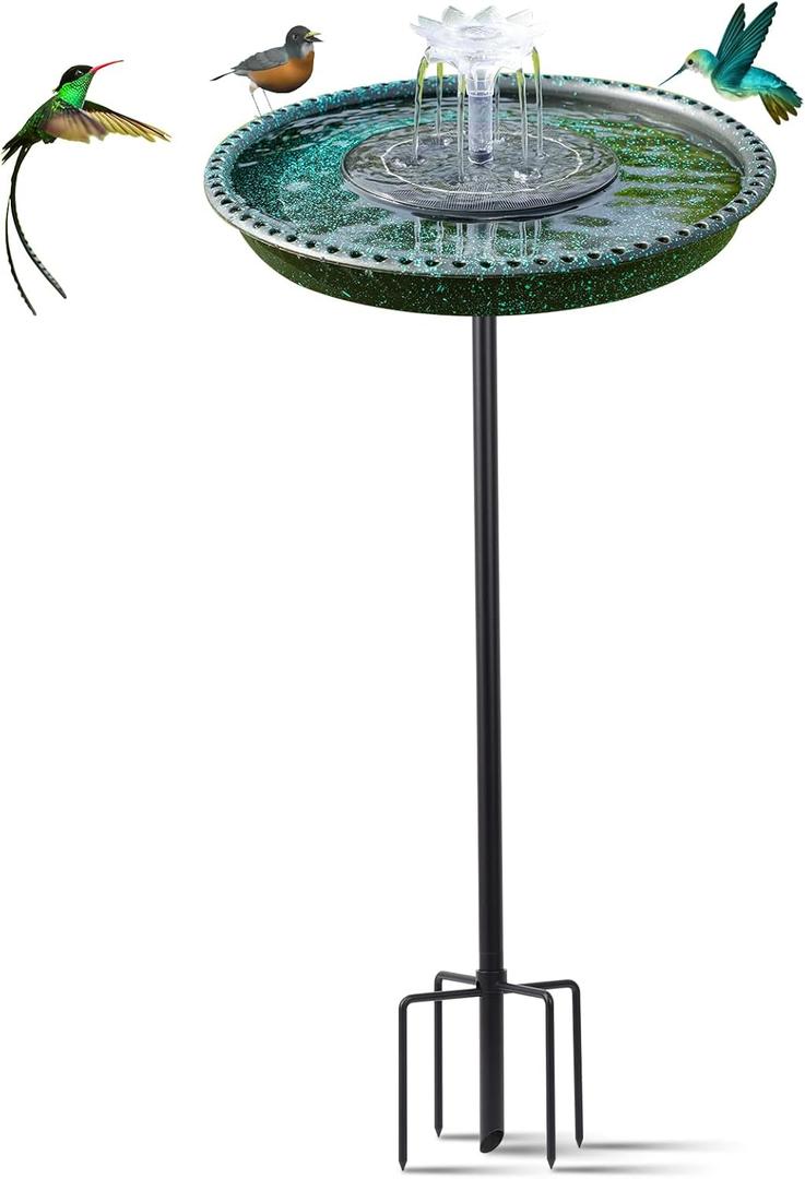 Bird Bath with Solar Powered Fountains for Hummingbirds, Stable Stylish Design with 5-Prong Base Stake Plastic Bird Bath for Outside Patio Yard Garden(Gift)