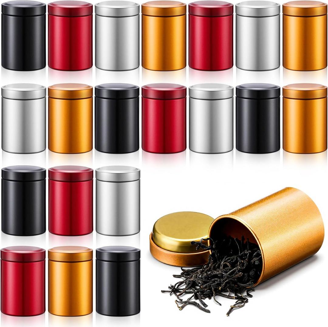 20 Pcs Mini Tea Tin Canister 1.8  2.6" with Round Airtight Double Lid Small Kitchen Tea Canister Container for Travel Business Leaf Coffee Candy Spices Herbs (Dark Red,Black,Silver,Gold)