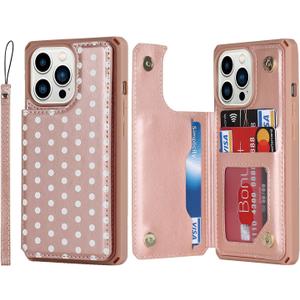 Cavor for iPhone 13 Pro Max Wallet Case with Card Slots Holder,Polka dots PU Leather [Kickstand Feature][Wrist Strap] Double Magnetic Clasp Shockproof Flip Phone Cover - Rose Gold