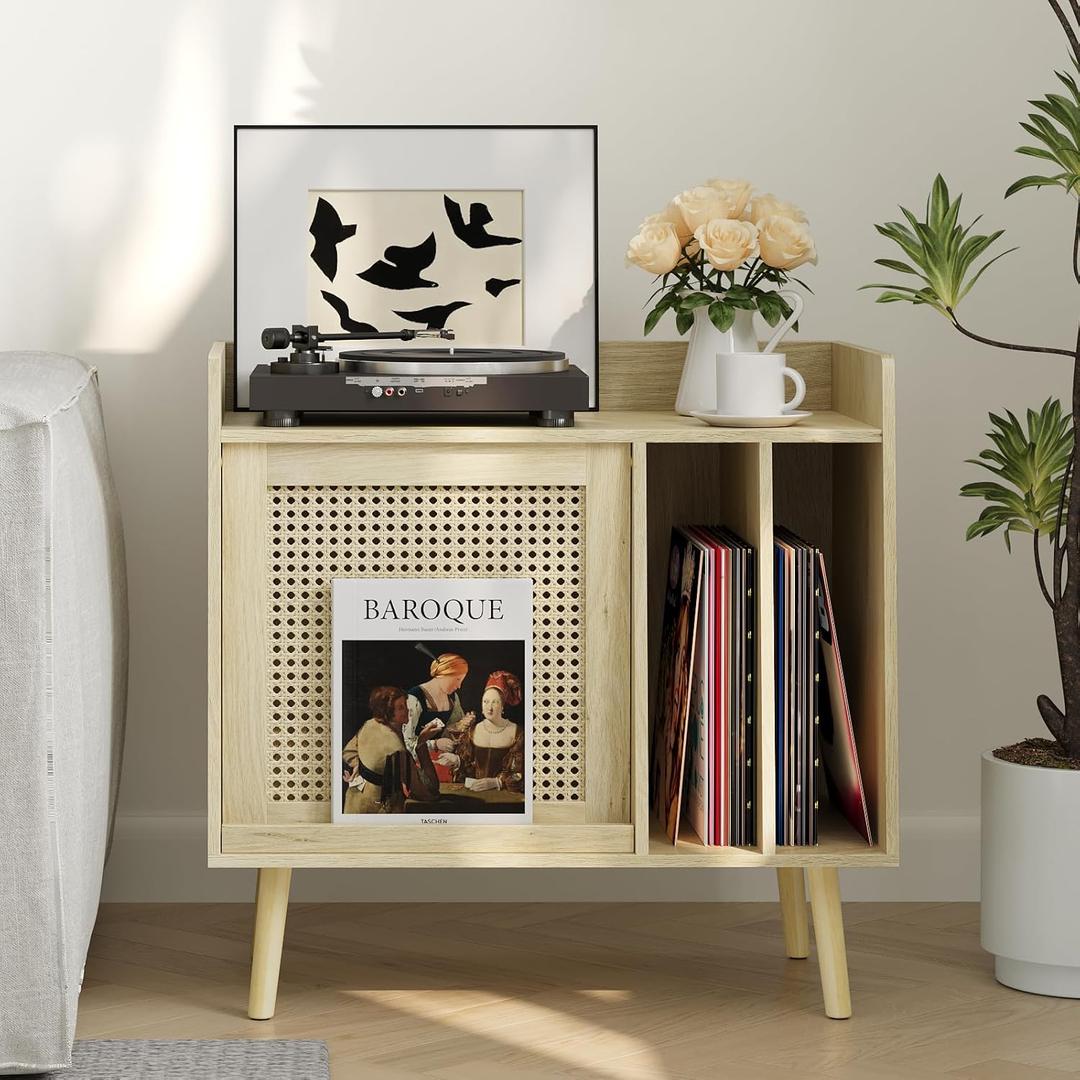 Semiocthome Record Player Stand with Vinyl Storage, Record Player Table with Rattan Cabinet Door, Vinyl Record Holder with Display Area, Side Table with Solid Wood Legs for Turntables for Living Room