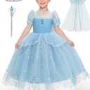 YYSSNM Girls Princess Costume Set with Crown, Magic Wand & Trailing Bow Elegant Party Dress for Cosplay, Birthdays, Halloween, 130