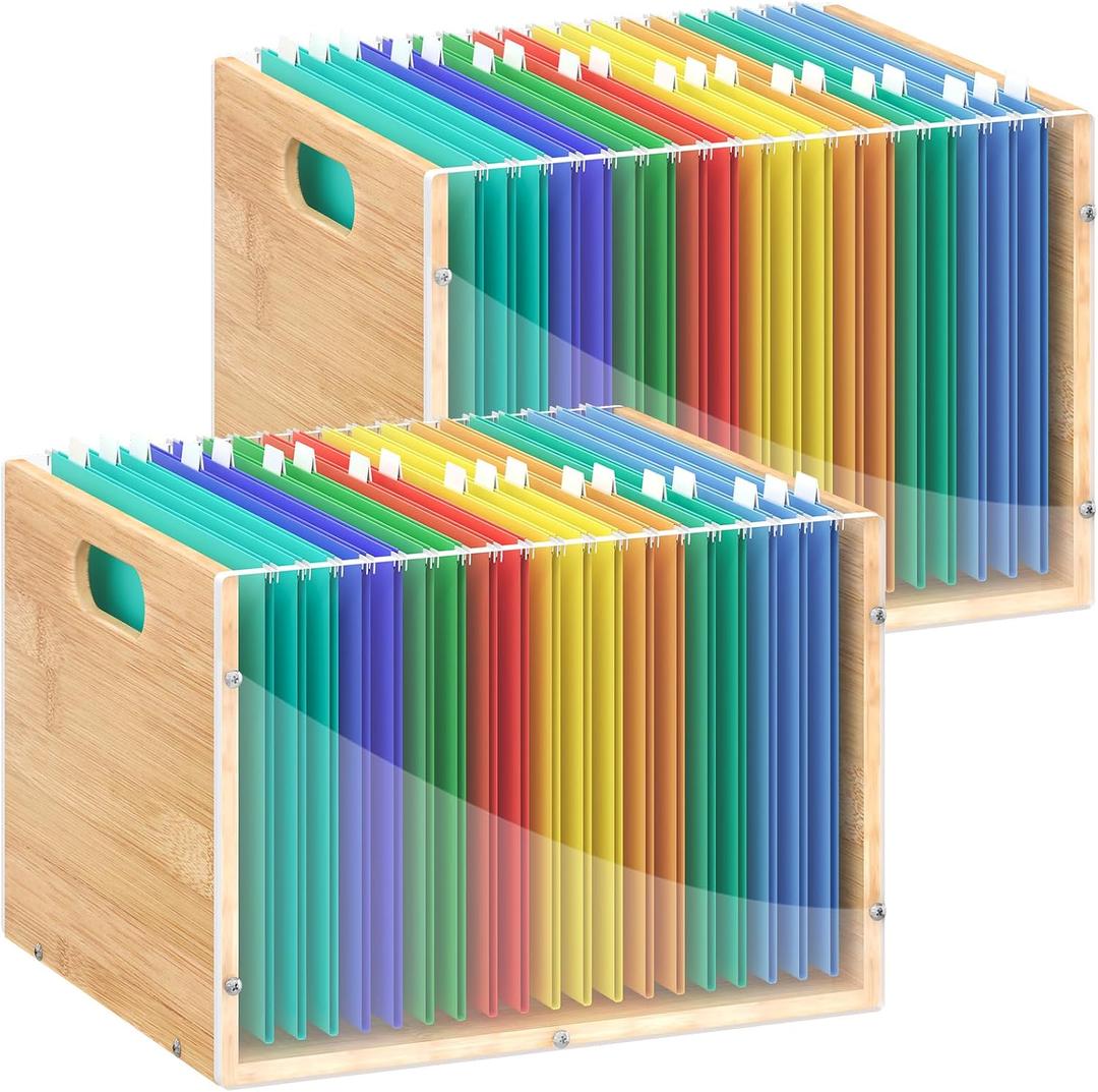 2 Pack Hanging File Organizer, Clear Acrylic File Box Organizer, Bamboo Filing Box File Crate Storage Boxes, Portable Filing Organizer with Handle for Letter Size