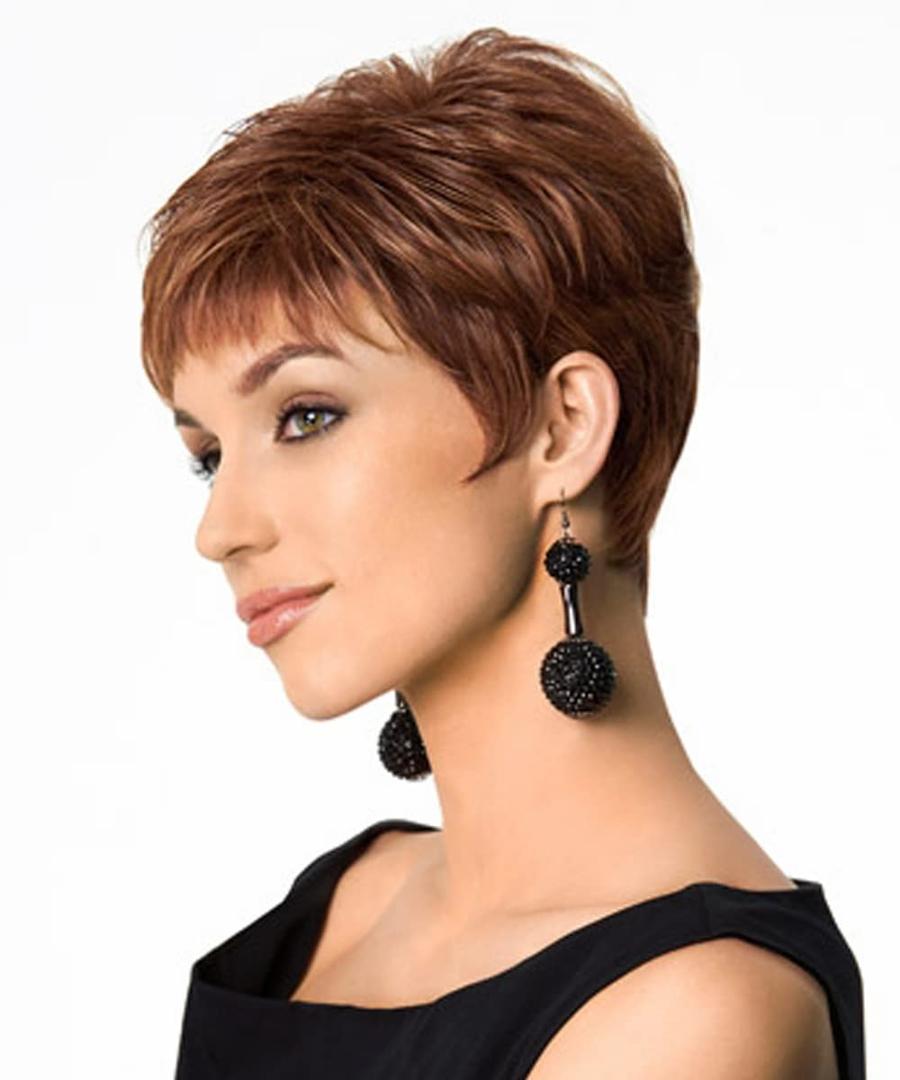 SEVENCOLORS Short Auburn Pixie Cut Wigs for White Women Synthetic Mixed Brown Wigs with Bangs Natural Layered Short Hair Wigs for Women