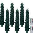 Funtery 6 Pcs LED Christmas Tree Flameless Taper Candles Real Wax Battery Operated Candlestick Lights with 3D Flame and Remote Timer Window Fireplace(Green,Christmas Tree)
