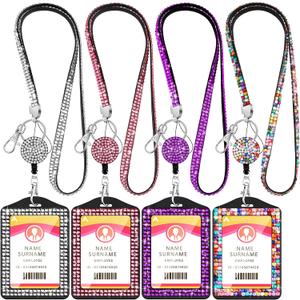HUSUM 4 Sets Rhinestone Lanyard Sparkling ID Card Holder Crystal Retractable Badge Reel Rhinestone Neck Lanyard Card Holder with Metal Clasp and Key Ring for Women Nurse Teacher, 4 Colors (Vertical)