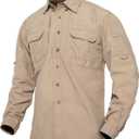 TACVASEN Men's Tactical Shirts Long Sleeve Quick Dry Breathable Button Down Fishing Work Safari Hiking Camping Hunting (Large, Khaki)