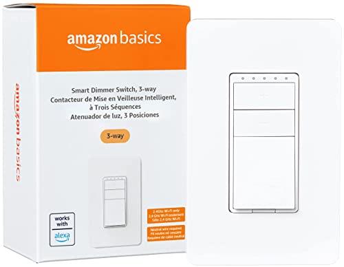 Amazon Basics Smart Dimmer Switch, 3-Way, Works with Alexa Only, 2.4 GHz Wi-Fi, No Hub Required, White