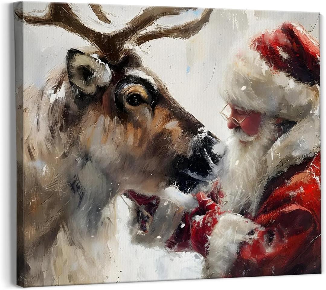 Christmas Wall Decor, Farmhouse Christmas Santa Claus Reindeer Xmas Canvas Wall Art Prints, Rustic Christmas Decor, Christmas Pictures Wall Decor for Home Living Room Bedroom, 14x11 Inches Framed