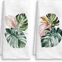 Tropical Monstera Leaf Kitchen Towels Set of 2, Green Jungle Palm Leaf Tropical Hand Towels for Bathroom Kitchen Decor, Green and Pink Botanical Dish Tea Towels, 16x24 Inches