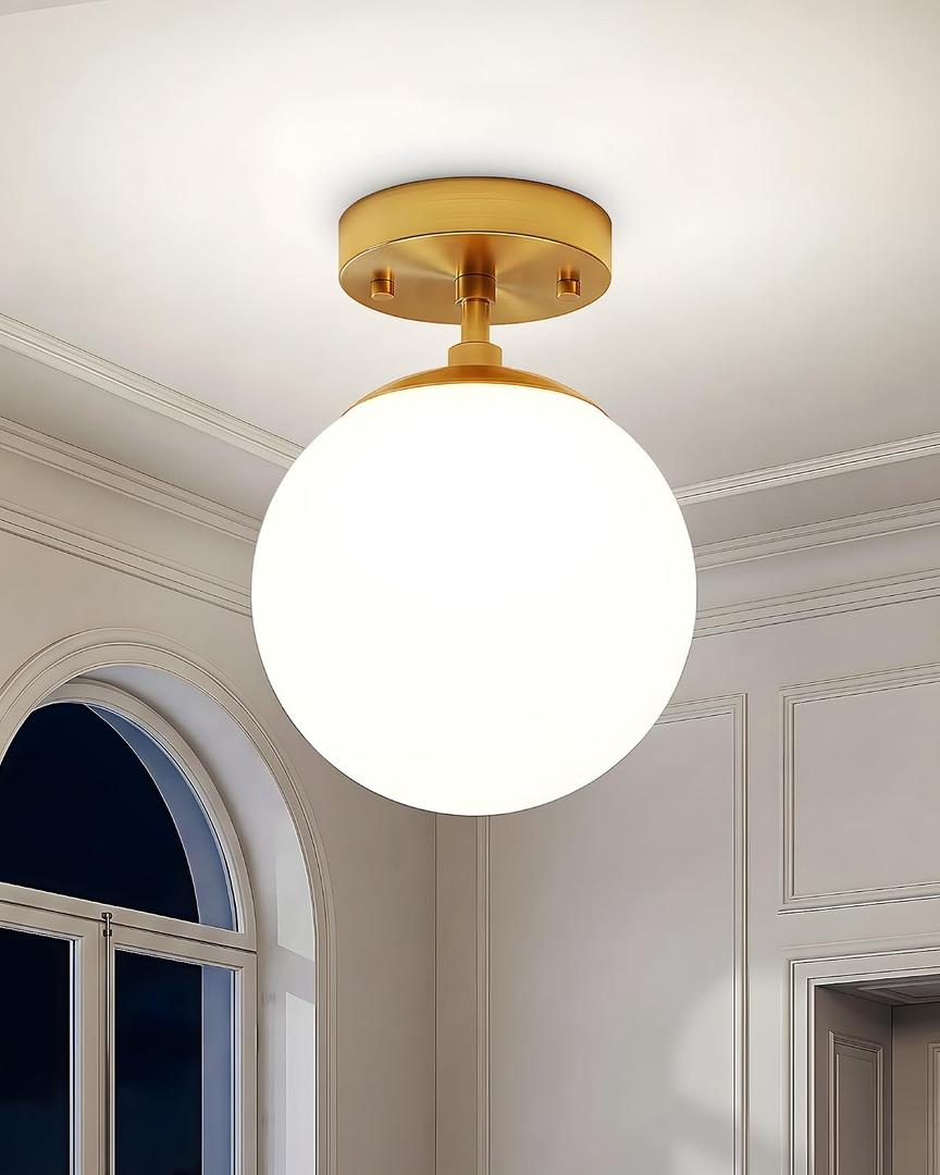 Majade Semi Flush Mount Ceiling Light 8" Globe Mid Century Modern Light Fixture Milk Glass with Gold Brass Finish Light Fixtures for Hallway Entryway Kitchen Island Closet Laundry Bathroom