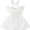 Infant Baby Girl Boho Floral Lace Dress Ruffle A-Line Mesh Princess Dresses with Headband Baptism Outfits (3-6 Months, White)