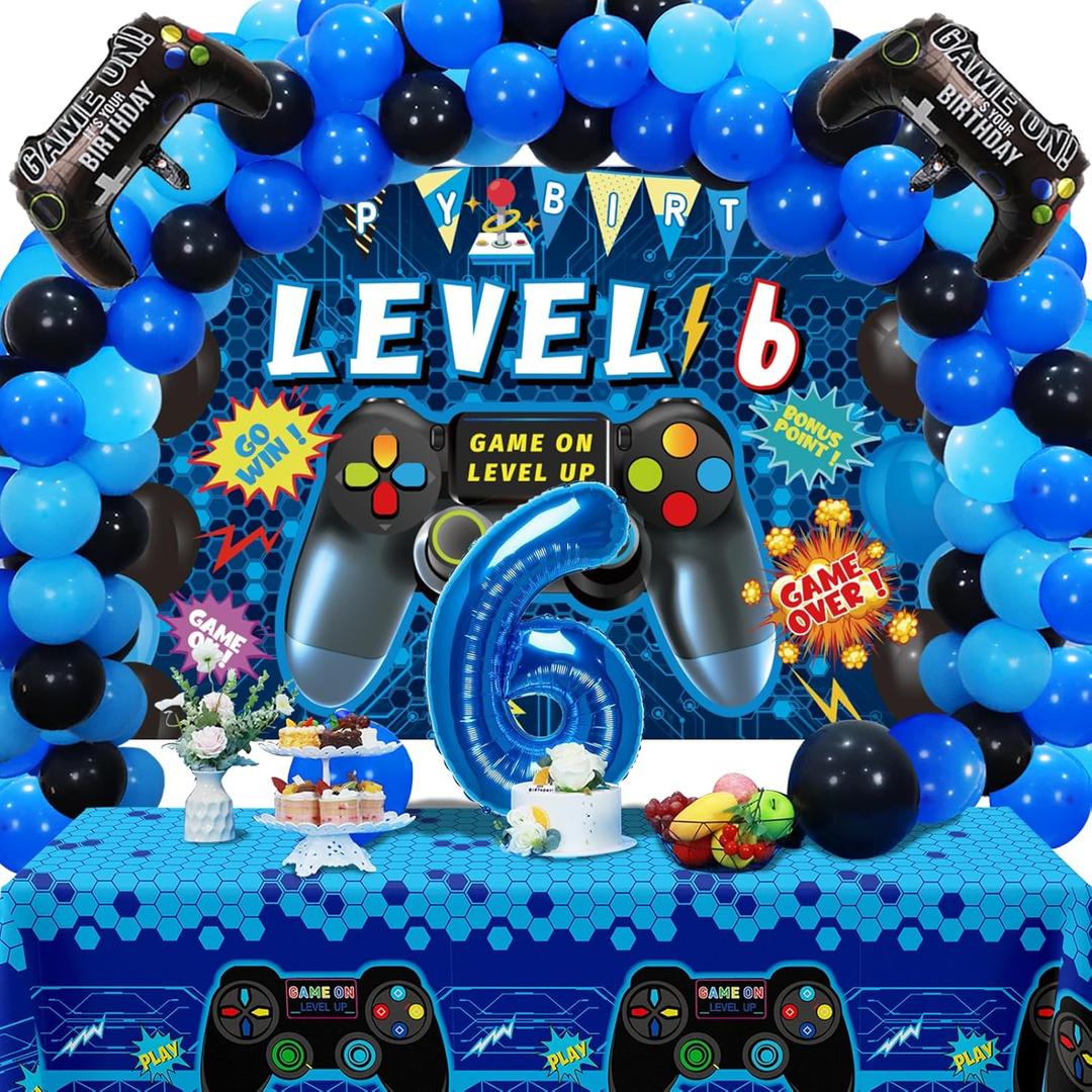 Vlipoeasn 90PCS Video Game Party Decorations for Boys Set Blue - 6th Birthday Supplies - Video Game Backdrop, Balloons, Tablecloth, Gamer and 6 Foil Balloons