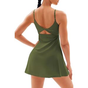 Vertvie Womens Two Pieces Tennis Dress with Separate Shorts Workout Open Back Active Golf Dresses Built-in Removable Bra (Large, Dark Green)
