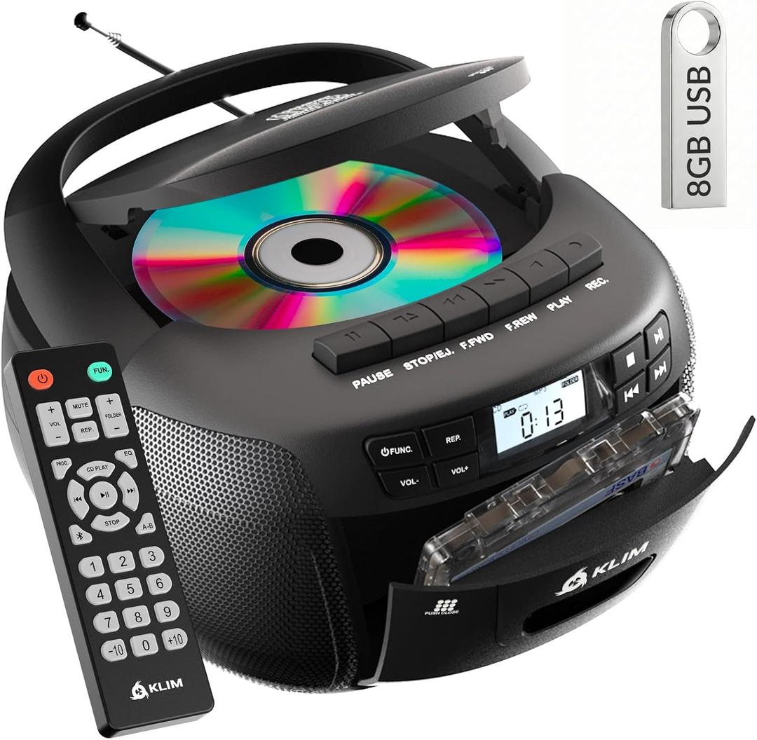 KLIM CD Player & Cassette Tape Player with Case, Bluetooth Boombox, AM/FM Radio, Stereo Sound, Remote, CD and Cassette Combo, Tape Recording, USB Drive, AUX, AC/DC Powered