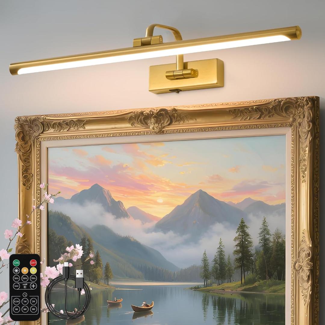 Picture Lights for Wall Battery Operated, Rechargeable Light for Pictures with Remote & Timer, Gold Art Light for Paintings 24 Inch Wireless Dimmable Cordless Gallery Frame Lights with 3CCT (Brass)