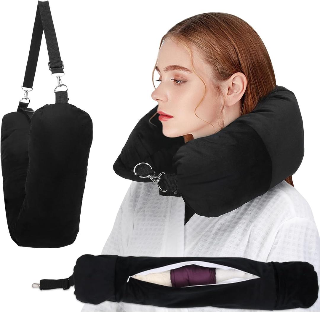 Stuffable Travel Pillow, Stuffable Neck Pillow for Travel, Neck Pillow Stuffed with Clothes Storage - No Extra Baggage Fees, Fits 5+ Days of Travel Essentials, No Filler (Black)