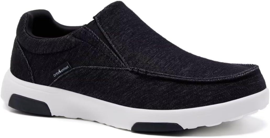 OrthoComfoot Men's Orthopedic Comfortable Slip-On Shoes with Arch Support, Orthotic Loafers for Plantar Fasciitis, Canvas Leisure Vintage Flat Walking Shoes for Foot and Heel Pain Relief (10, W12-dark Black)