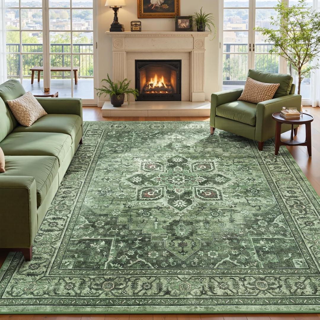 Sage Green 8x10 Vintage Large Area Rugs for Living Room - Farmhouse Boho Floral Aesthetic Distressed Moss Green Carpet, Soft Washable Low Pile Non-Slip Medallion Rug for Dining Room, Bedroom