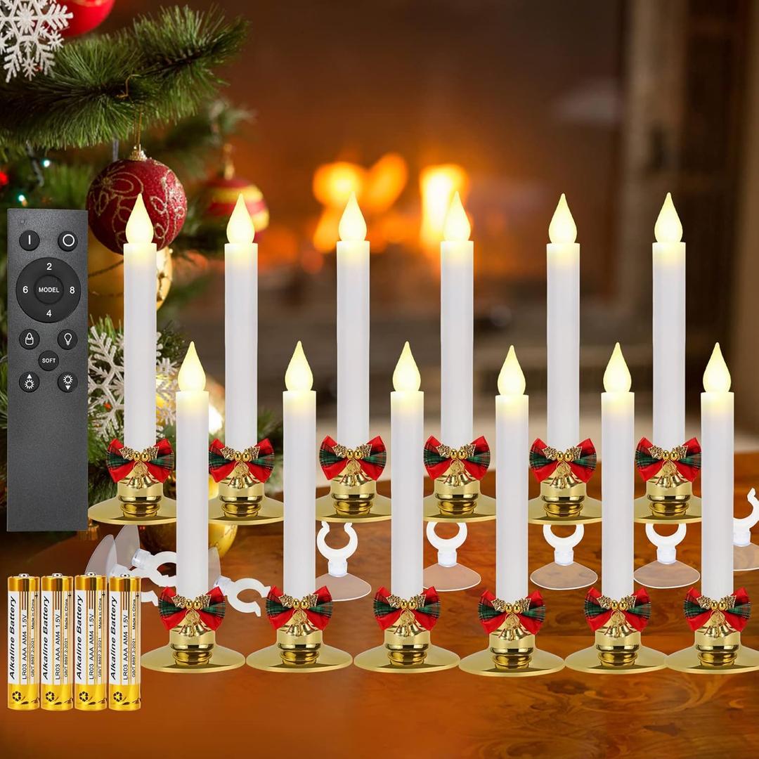 Kithouse 12 Set Christmas Window Candles Lights with Timer Battery Operated Electric LED Taper Candles Flameless for Windows, Gold Candle Holders, Suction Cups & 24 PCS Battery Included (12 Set)