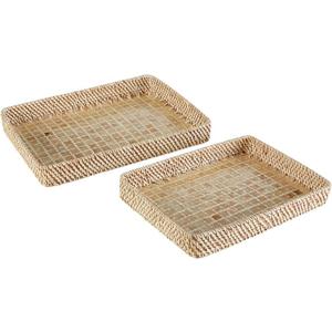 47th & Main Woven Rattan Capiz Shell Inlay Basket Tray Home Dcor for Table, Set of 2, Geometric