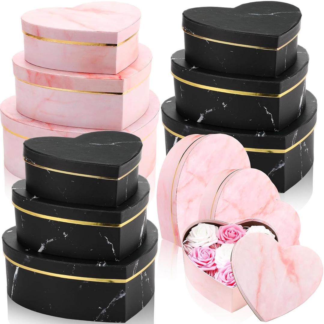 Kosiz 12 Pcs Valentine's Day Heart Shaped Boxes Nesting Marble Gift Box with Lids for Flower Arrangements Anniversary Birthday Gifts for Men Women Wedding Party Present Birthday, 3 Sizes(Black, Pink)