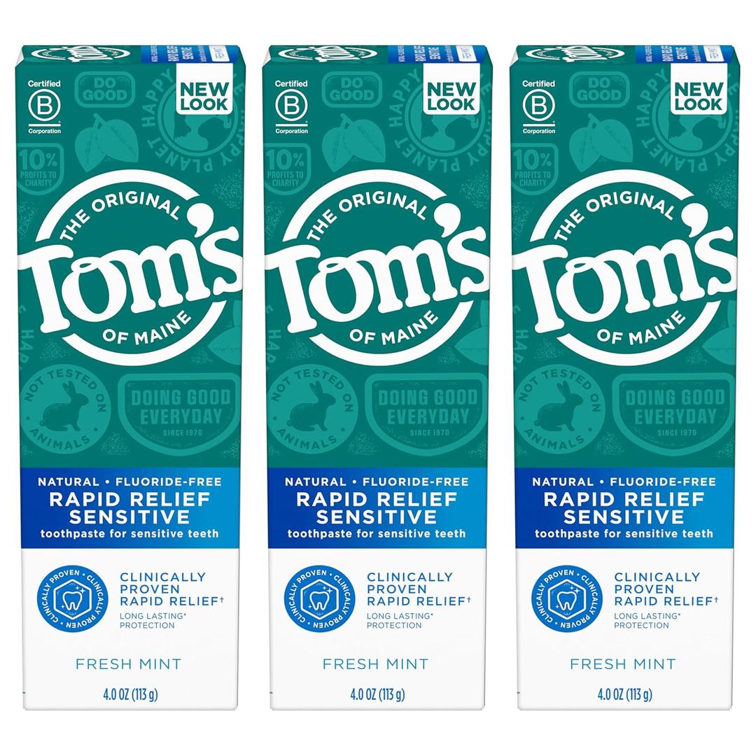 Tom's of Maine Fluoride-Free Rapid Relief Sensitive Toothpaste, Fresh Mint, 4 oz. 3-Pack 
