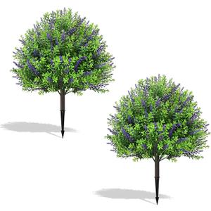 Artificial Boxwood Topiary Ball Bush with Lavender Flower: Set of 2 Faux Greenery Shrubs with Ground Spike, 22 Fake Boxwood Plants for Outdoor, Indoor, Patio, Garden Decor