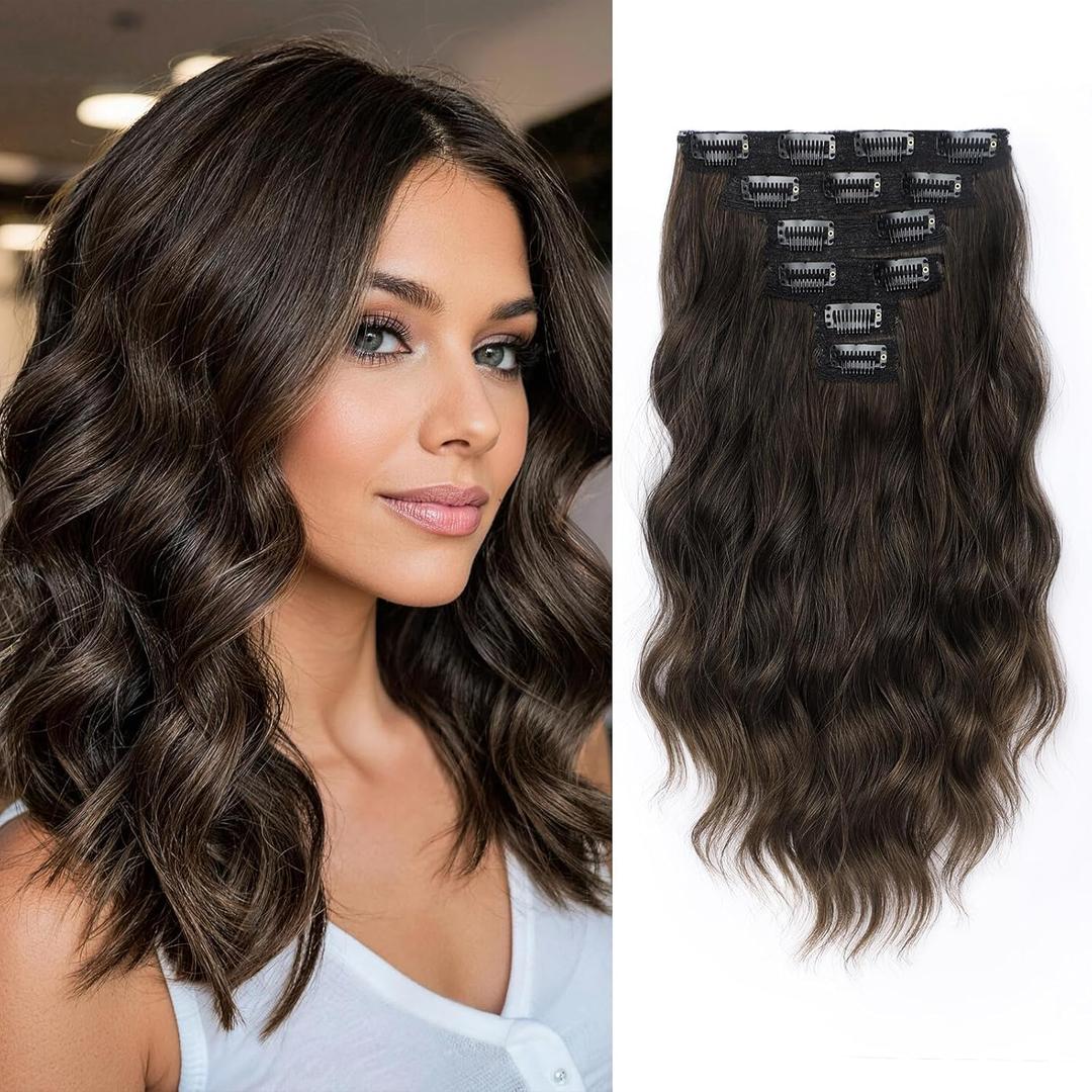 KooKaStyle Short Hair Extensions 6PCS 14 Inch Wavy Curly Hairpieces Synthetic Soft Lace Weft Clip in Hair Extensions-Dark Walnut Brown for Women