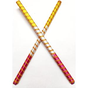 Dandiya Dance Sticks, Multicolor Striped Pattern with Ghungharu at end with Gold Accents, Traditional Folk Dance Accessories for Dandiya, Garwa Dance (1 Pair) (Pink White Yellow)