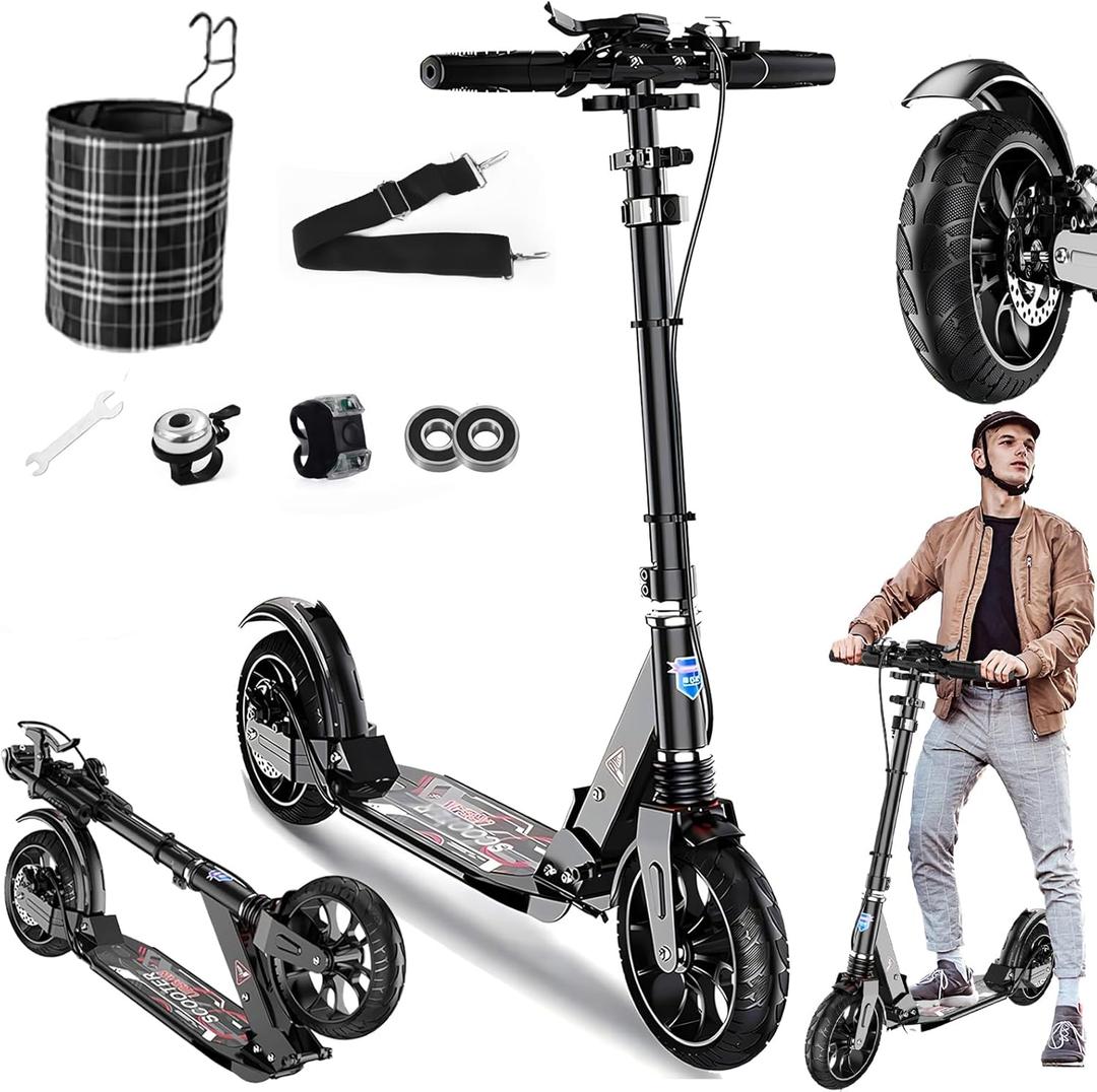 Kick Scooter for Ages 6+,Kid, Teens & Adults - Max Load 300 LBS, 4 Adjustable Levels, 200mm Big Wheel Folding Scooter, Lightweight, Aluminum, Indoor and Outdoor Scooters, Bearing ABE (Black)