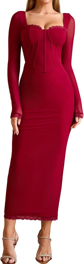 KUTUMAI Corset Lace Long Sleeve Formal Dress Back Slit Bodycon Fall Cocktail Wedding Guest Dresses (M)