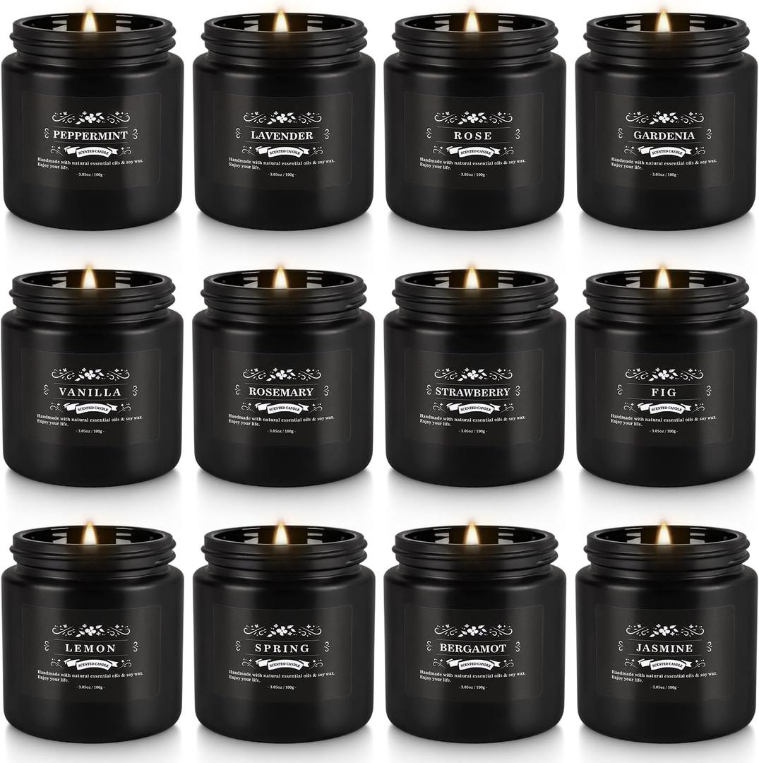 Howemon Scented Candle Set 12 Pack,Black, Candle for Home Scented, Odor Eliminating, Stress Relief, Long Lasting Soy Wax Gift Set