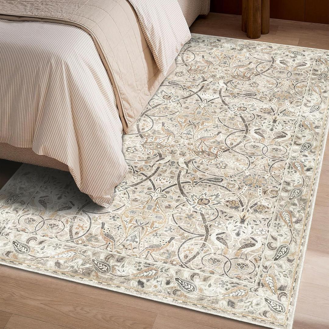 4x6 Beige Washable Rug, Non Slip Low Pile Vintage Floor Mat for High-Traffic Entryway & Kitchen (4x6, Beige)