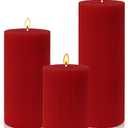 3-Pack Red Ribbed Pillar Candles  Elegant Handmade Fat Candles for Home & Events, 3" D, 4"/6"/8" H, Dripless and Long Burning