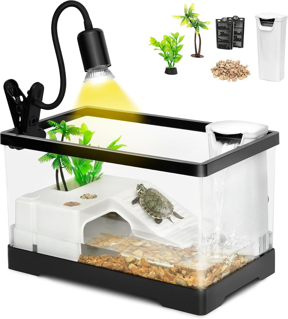 AZV XLarge Turtle Tank Kit,All in One Starter Aquarium,Indoor Red Eared Slider Enclosure for Small Tortoise,Fishes and Amphibians,Includes Filter,Filter Plates,Basking Platform,Plants,Lamp,Bulb,Stone