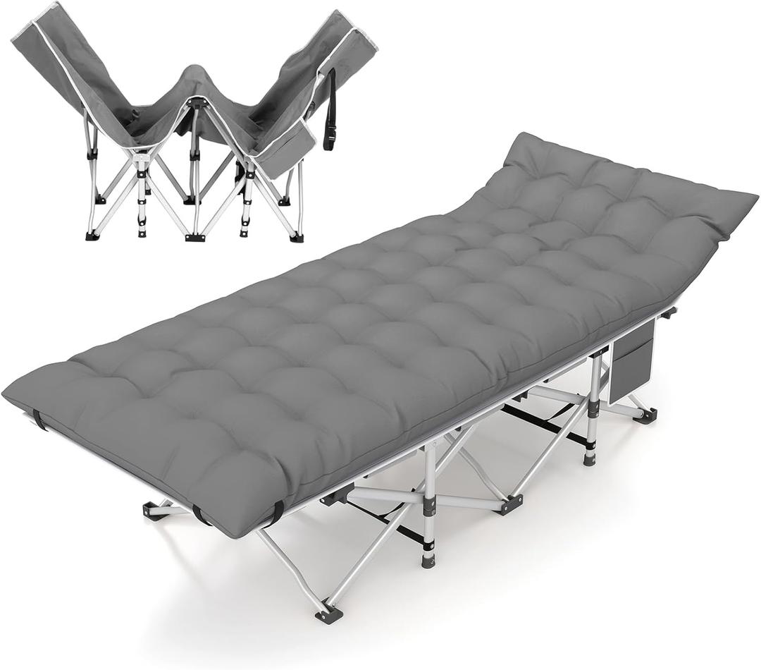 Folding Camping Cot for Adults, Heavy Duty Sleeping Cots with Carry Bag, Double Layer Oxford Portable Travel Camp Cots for Outdoor Camp Beach Home Office (Silver Frame with Gray Pad, 1PACK)