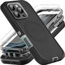 for iPhone 16 Pro Case, Compatible with Magsafe, Military Grade 3 in 1 Heavy Duty Shockproof/Drop Proof/Dust Proof Case with 2Pcs Tempered Glass Screen Protector (New-Black/Grey)