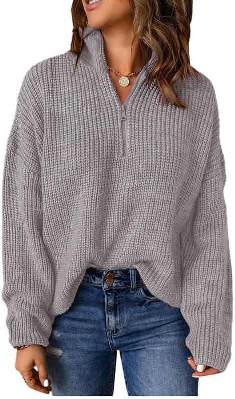 EVALESS Quarter Zip Sweaters for Women Waffle Kint Long Sleeve Pullover Sweater Business Casual Outfits (Large, Gray)
